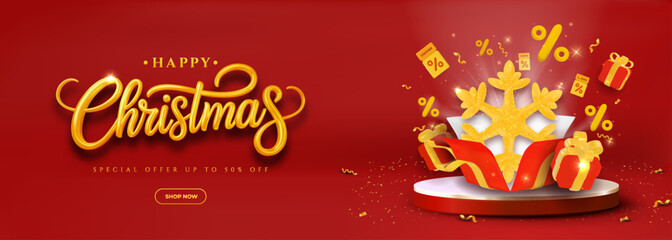 Happy Christmas Promotion With Golden Script Typography, Gifts, Snowflake, And Red Stage Display