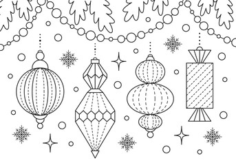 Coloring page with Christmas decorations for kids. Tracing contours, Tracing and worksheet for practicing motor skills. Vector illustration