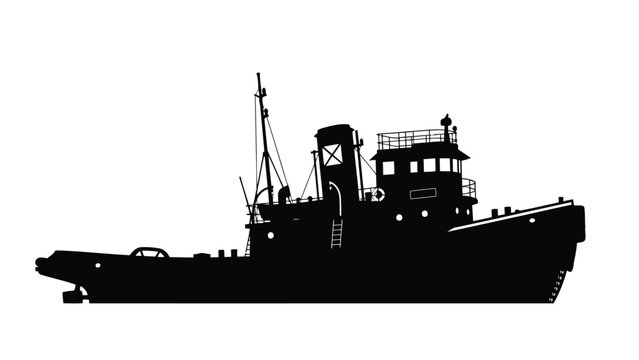 Black silhouette of a sturdy, classic tugboat or fishing vessel with detailed superstructure and mast, clean vector art graphic design, isolated on white background
