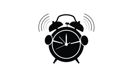 Loud ringing alarm clock icon in black silhouette, showing time with vibrating sound waves, simple flat vector graphic for wake up concept, isolated on white background