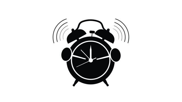 Loud ringing alarm clock icon in black silhouette, showing time with vibrating sound waves, simple flat vector graphic for wake up concept, isolated on white background