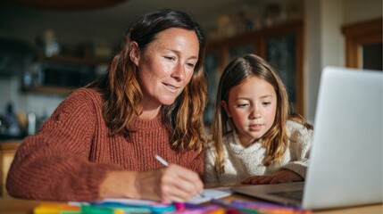 Woman and child working together on laptop.