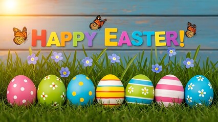 Happy Easter colorful eggs in a grass field with butterflies and flowers holiday celebration springtime background illustration festive easter decoration vibrant scene