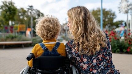 Woman, child, wheelchair, park, family, outdoor, leisure, daytime, casual, relaxed, smiling, togetherness, diversity, inclusion, accessibility, community, social, interaction, human