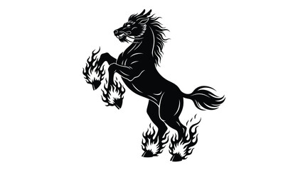Black rearing stallion horse silhouette with intense flames on hooves and mane, powerful heraldic emblem, dark fantasy vector art, logo design, isolated on white background