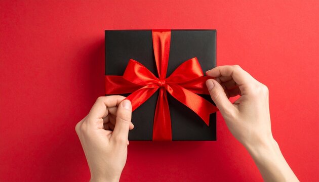 Fotograf&iacute;a en primera persona en vista superior, de unas manos atando un lazo de cinta roja en una caja de regalo negra, sobre un fondo rojo.