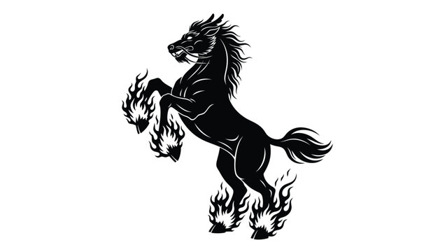 Black rearing stallion horse silhouette with intense flames on hooves and mane, powerful heraldic emblem, dark fantasy vector art, logo design, isolated on white background