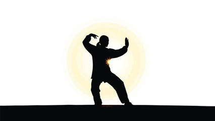 Silhouette of a martial artist performing Tai Chi in a wide stance with a glowing sun background and energy burst, flat vector illustration, isolated on white background