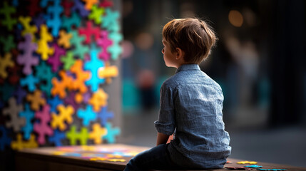 Youngster sits facing away observing vibrant wall covered in colorful puzzle pieces faceless child defocused awareness background neurodiversity visualization scene inclusive