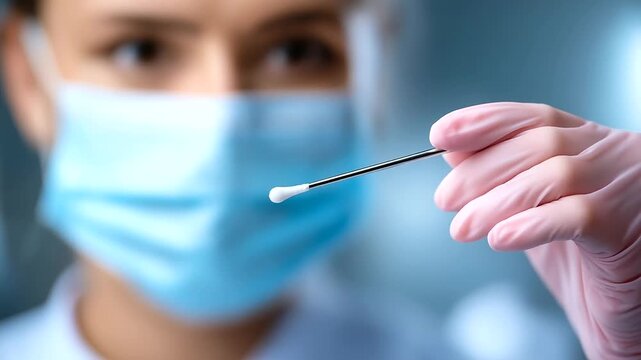 Close-up medical hands with buccal defocused swab sample, faceless specimen collection, diagnostic visualization detail, blurred clinical background, testing concept, medical inter