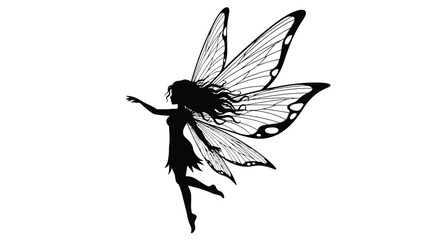 Elegant fairy silhouette with detailed butterfly wings and long hair reaching out in flight, black vector art logo design, isolated on white background