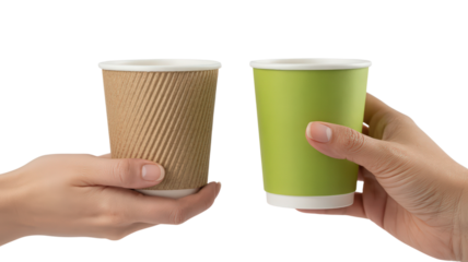 Two Hands Holding Different Paper Cups with Coffee or Tea Isolated On Transparent Background Offering Choice of Hot Beverages and Morning Energy Boost