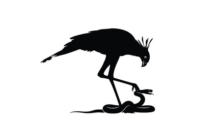 Naklejka premium Black silhouette of a crested secretary bird hunting a coiled snake, wildlife predator concept, flat vector illustration, isolated on white background