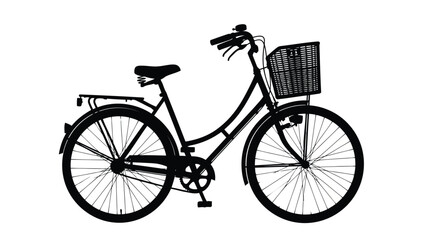 Classic city bicycle silhouette featuring a front basket, rear rack, and step-through frame, black vector illustration, isolated on white background