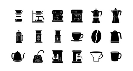 Silhouette icons of coffee makers and accessories for brewing enthusiasts