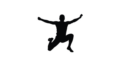 Black silhouette of a male athlete jumping high with arms outstretched in dynamic pose, vector illustration, isolated on white background