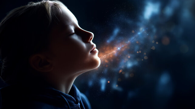 Profile of young youngster with closed eyes and futuristic illuminated element faceless child defocused visualization background universe galaxy planets stars exploration