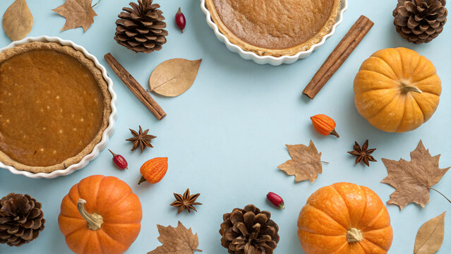 Colorful autumn tabletop arrangement with pumpkin pies, pumpkins, and seasonal decorations on blue background - Powered by Adobe