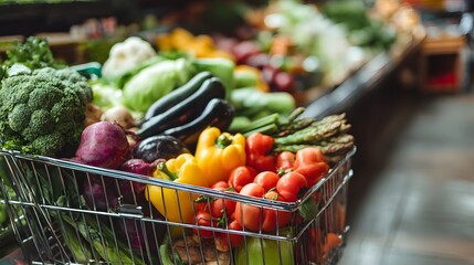 Metal shopping cart filled with colorful fresh produce moves down a grocery store aisle