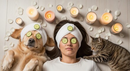 Woman with her dog and cat enjoying a spa day at home. Funny pets and owner relaxing with cucumber masks. Pampering, wellness and self-care flat lay concept
