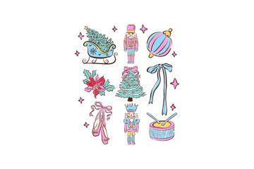 Nutcracker Ballet Themed Christmas Doodles and Icon Set illustration Sublimation Design