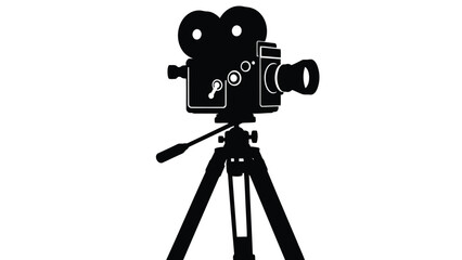 A classic black film camera mounted on a sturdy tripod, set against a stark white background