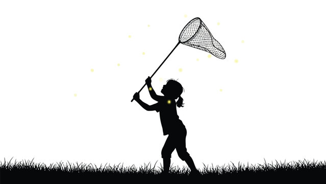A silhouette of a child standing in a grassy field, holding a butterfly net raised high above their head, as if ready to catch something