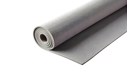 Coiled Yoga Mat: A gray yoga mat rests in a partially rolled position, its textured surface and seamless design ready for exercise. This image symbolizes relaxation and fitness.