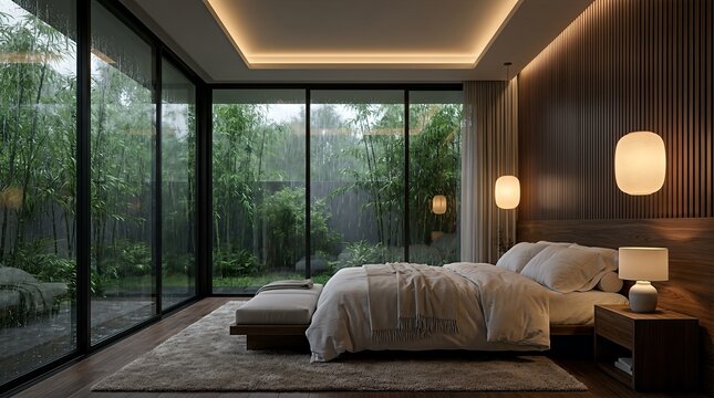 A tranquil contemporary bedroom offering a peaceful retreat with stunning views of a lush, rain-swept garden