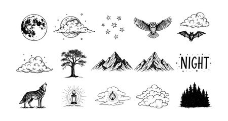 Nighttime nature elements collection featuring moon, stars, owl, and mountains in ink sketch style