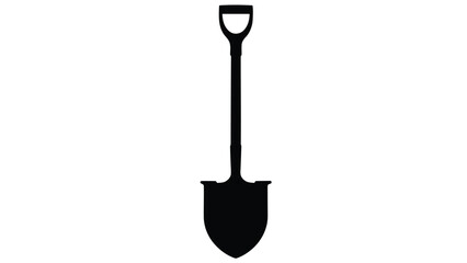 Simple black shovel with a D-shaped handle, digging tool for gardening and construction, essential equipment for landscaping and agriculture, flat vector, logo design, isolated on white background