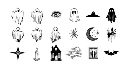 Fototapeta premium Spooky gothic ghost and halloween symbols collection in black and white
