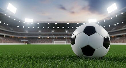 Closeup of a soccer ball on a green grass field in a brightly lit stadium with spectators in the background