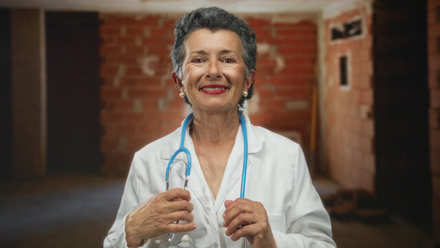 Senior woman doctor with grey hair and stethoscope smiling at an indoor construction site wearing a white coat against a brick wall background.