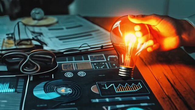 The hand activates a glowing light bulb above digital graphs, symbolising the birth of innovative ideas, which will serve as an inspiring atmospheric backdrop for business conferences and start-ups.
