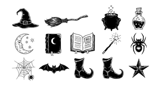 Vintage witchcraft symbols collection with magical icons in black and white