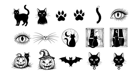 Obraz premium Halloween cat elements set: black cats, pumpkins, and spooky symbols