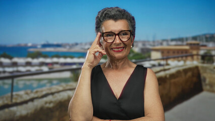 Senior woman with grey hair smiling confidently at the seaside promenade, surrounded by picturesque sea views and beach atmosphere.