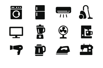 Collection of household appliance icons in black silhouette design