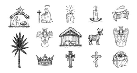 Obraz premium Christmas and religious symbols in black and white line art