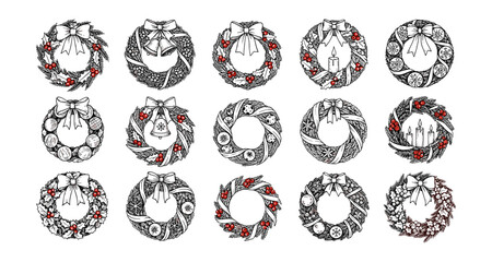 Hand drawn christmas wreaths collection with holistic decorative designs
