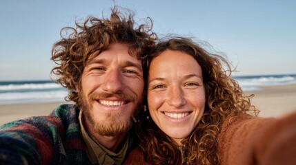 Couple posing for selfie at beach.