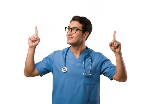 Happy young male medical professional in blue scrubs and glasses pointing up with both hands.
