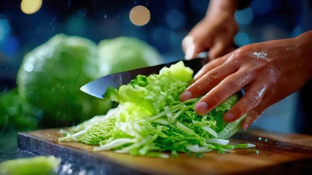 Close-up of hands slicing fresh green cabbage with a sharp knife as water sprays in motion