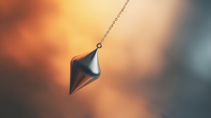 Polished metallic object hangs suspended from a delicate chain against a softly lit backdrop