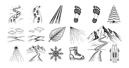 Hand-drawn winter travel elements: ski, snow, and mountain adventure icons