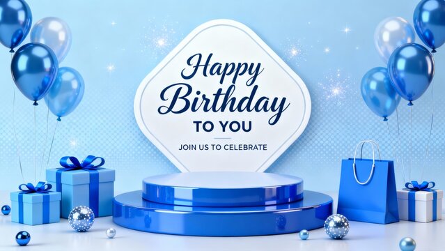 Happy Birthday Celebration Banner with Gifts and Blue Balloons - Powered by Adobe
