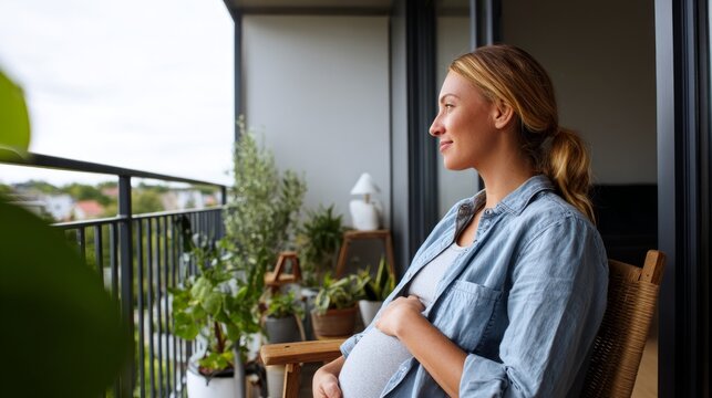 Pregnant woman sitting on balcony.