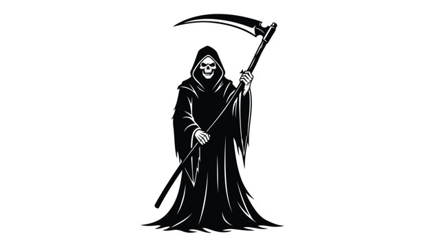 Grim reaper with a skull face holding a scythe in a black robe, symbol of death, halloween concept, spooky character, dark fantasy art, vector illustration, isolated on white background