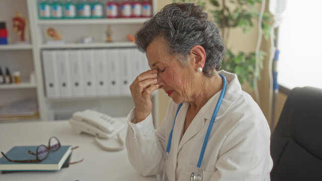 Senior female doctor with grey hair appears tired as she removes glasses in a medical office surrounded by paperwork and shelves of medical supplies.